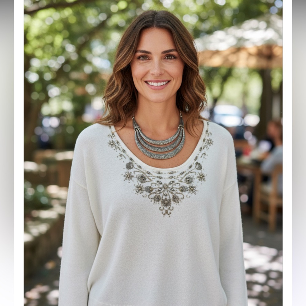 GEORGE BEADED SWEATER WOMEN SZ 22-24 OFF WHITE SCOOP NECK LONG SLEEVE NWT PTP 26